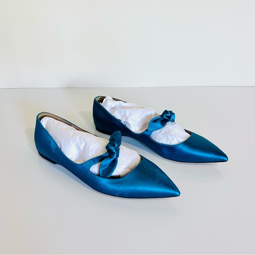 NEW J Crew Teal Satin Bow Flats size 9